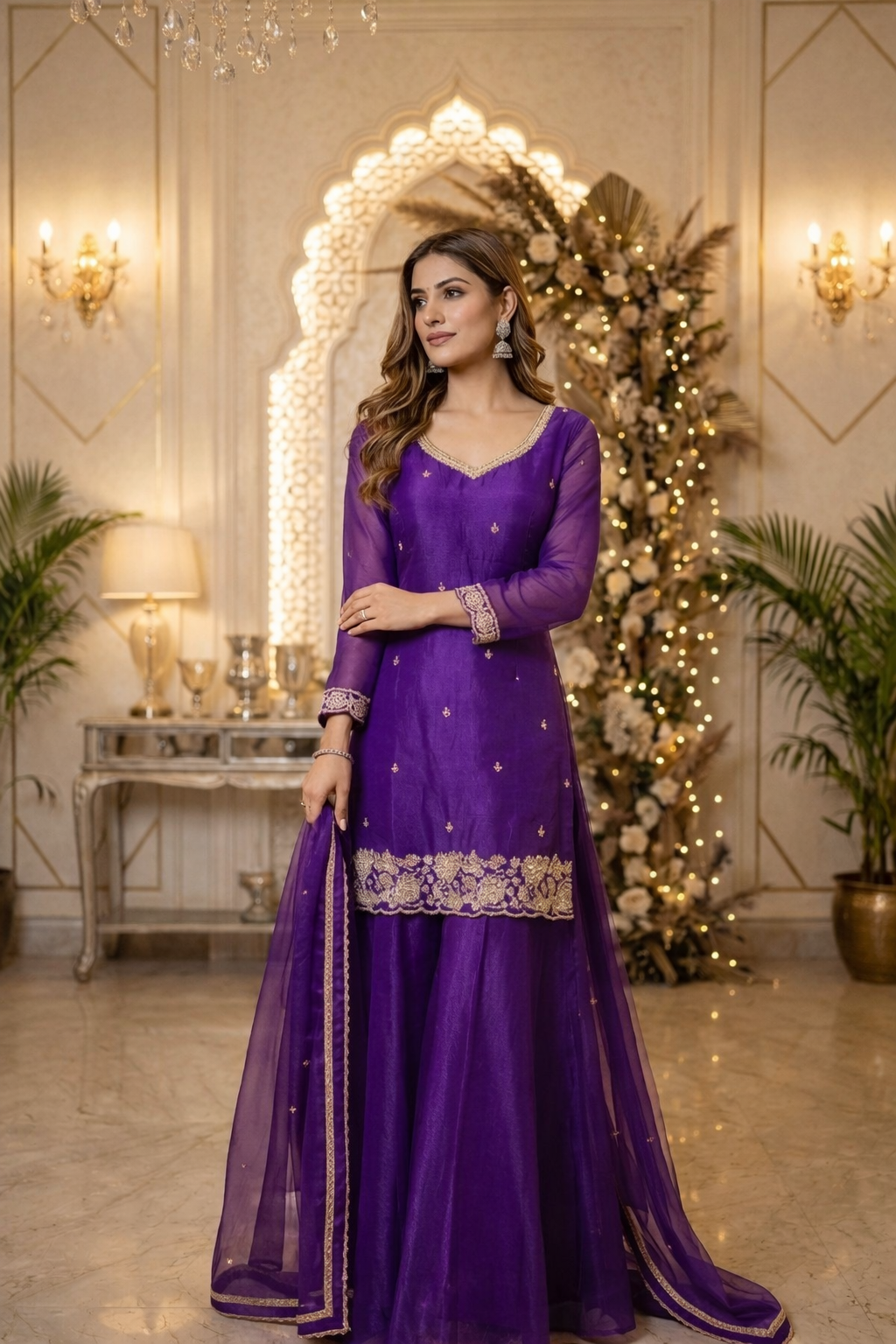 Beads Work Straight Suit with Palazzo & Dupatta