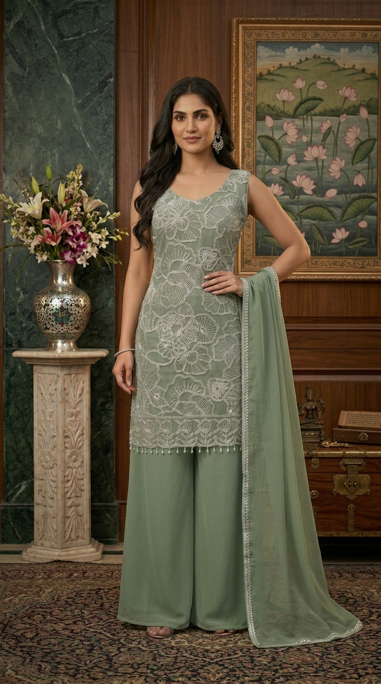 White Embroidery Work Straight Top with Palazzo Set