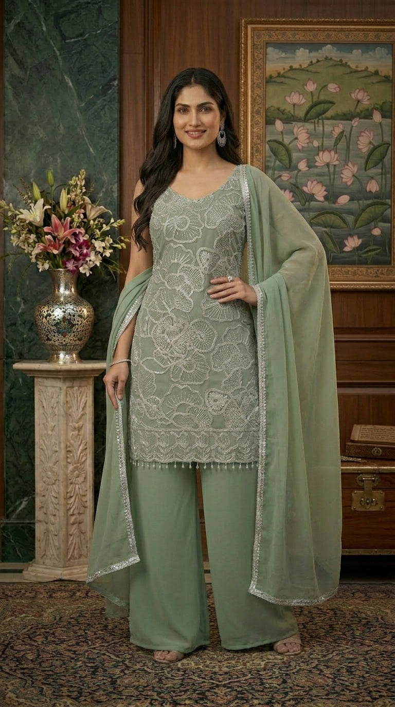 White Embroidery Work Straight Top with Palazzo Set