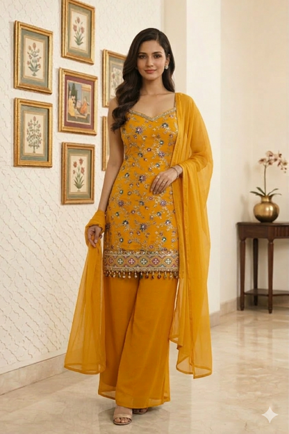 Beautiful Embroidered Straight Suit Set with Palazzo & Dupatta