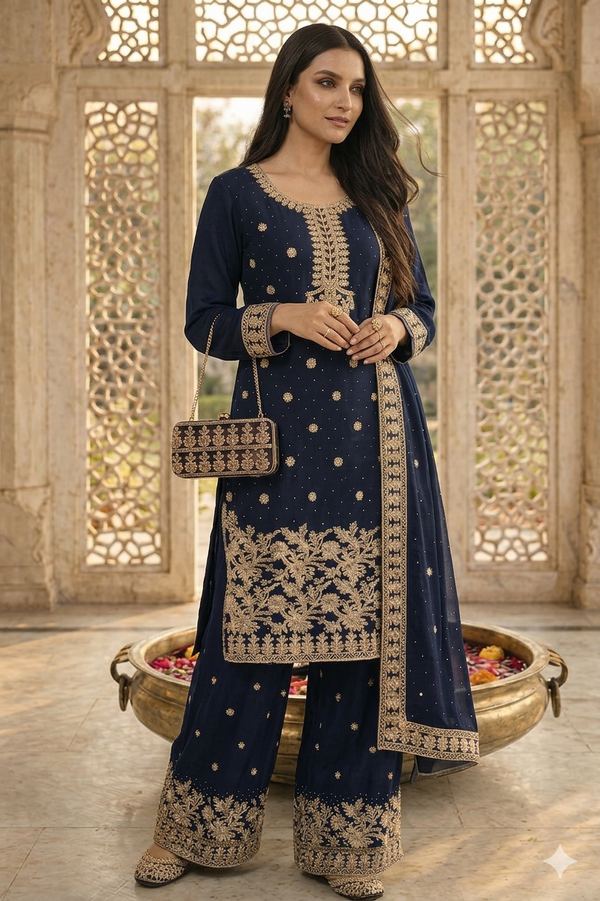 Embroidered Pakistani Suit with Hand Touch - Palazzo & Dupatta Set