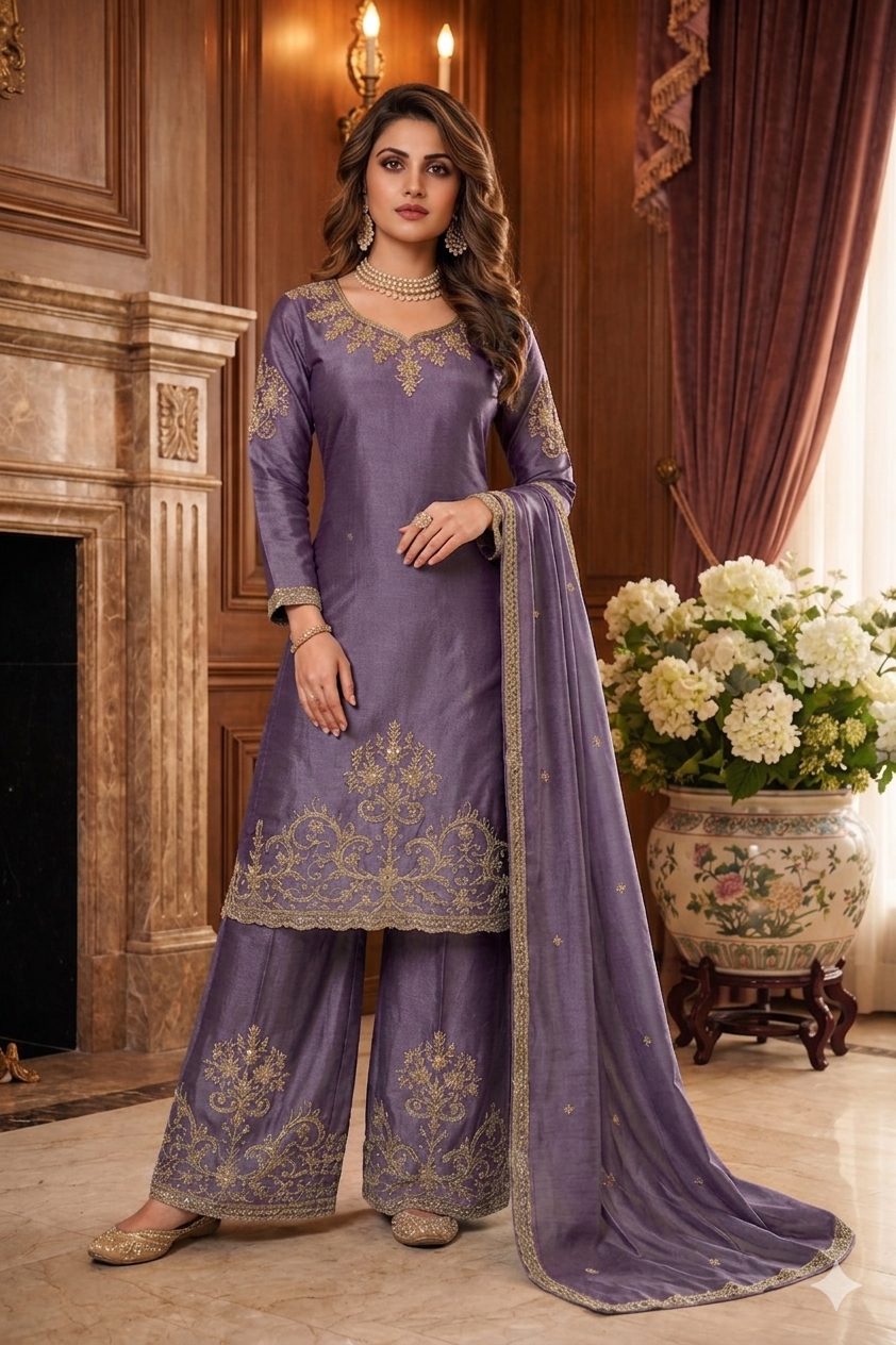 Beats Embroidered Straight Suit with Palazzo & Dupatta
