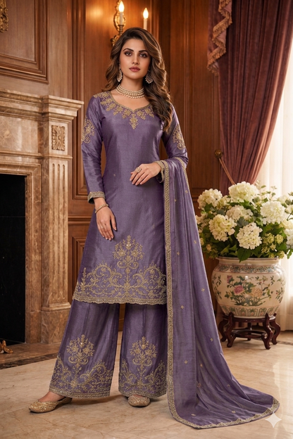 Beats Embroidered Straight Suit with Palazzo & Dupatta
