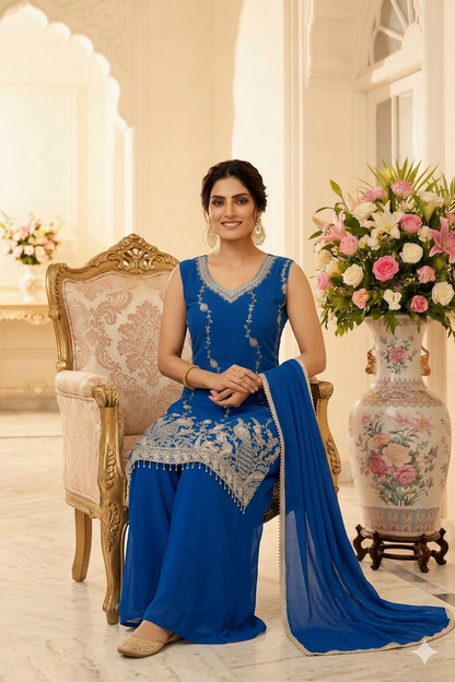 Beads Work Straight Suit with Palazzo & Dupatta
