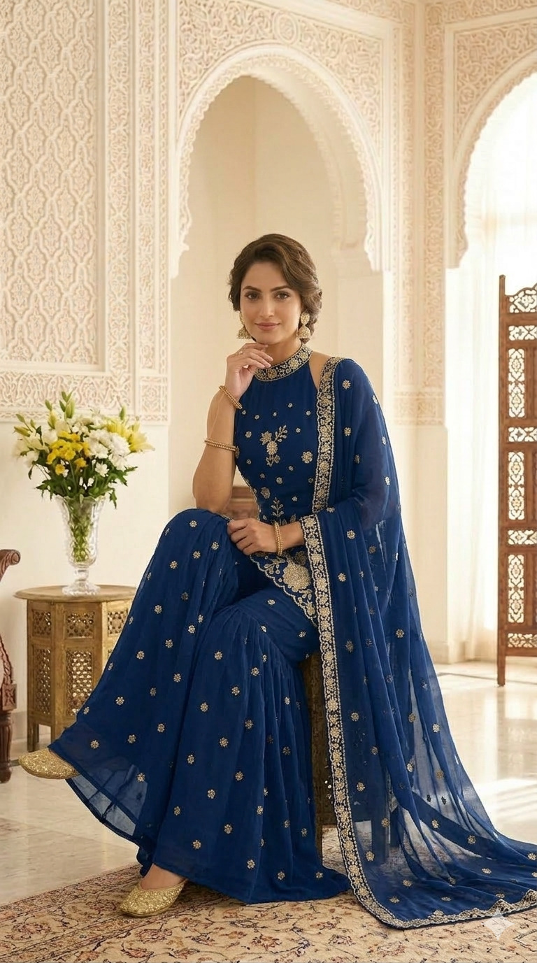 Premium High Neck Embroidered Straight Suit Set with Sharara & Dupatta