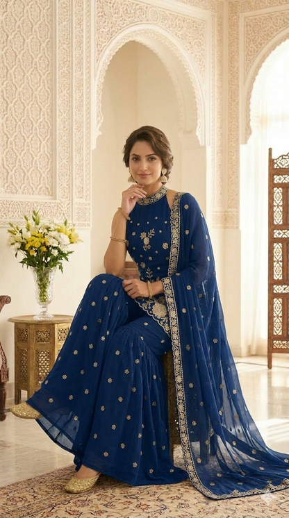 Premium High Neck Embroidered Straight Suit Set with Sharara & Dupatta