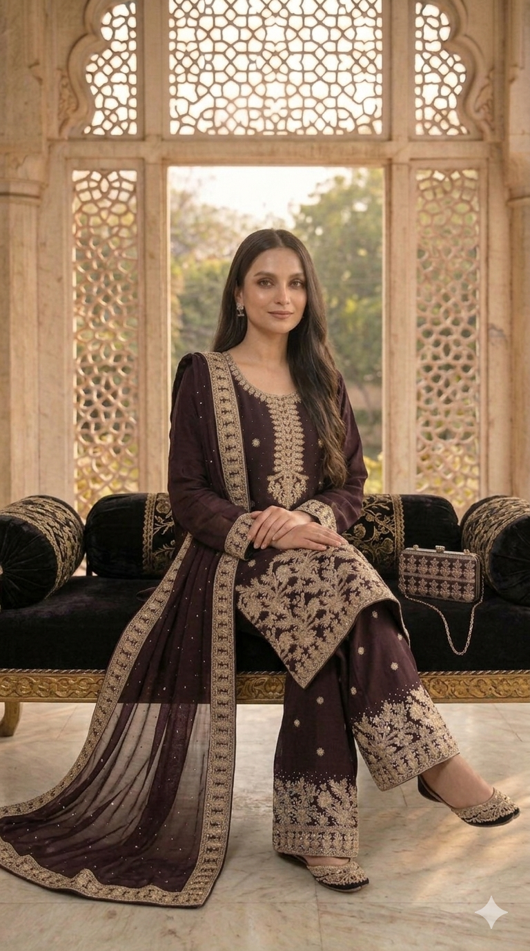 Embroidered Pakistani Suit with Hand Touch - Palazzo & Dupatta Set