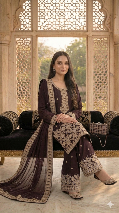 Embroidered Pakistani Suit with Hand Touch - Palazzo & Dupatta Set