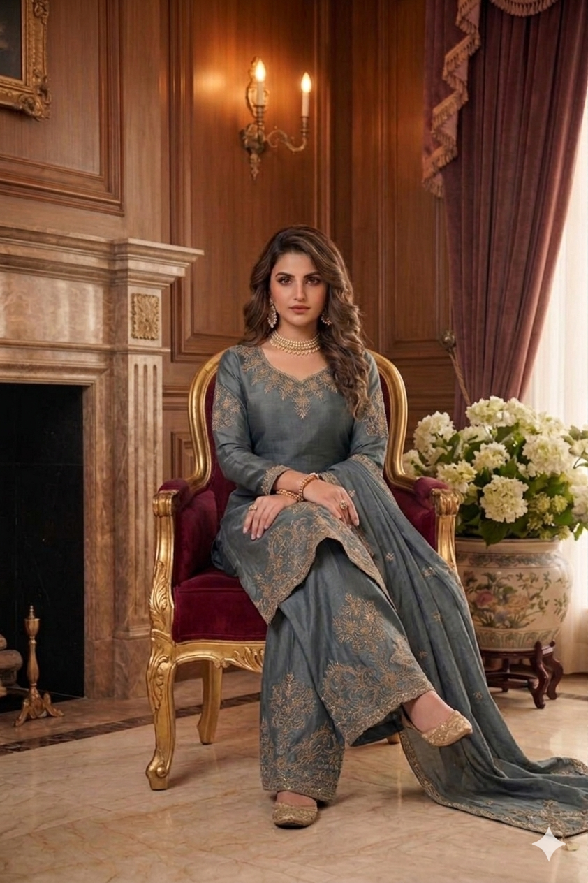 Beats Embroidered Straight Suit with Palazzo & Dupatta