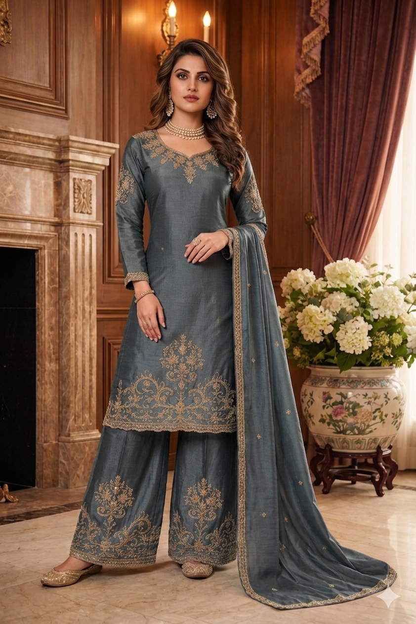 Beats Embroidered Straight Suit with Palazzo & Dupatta