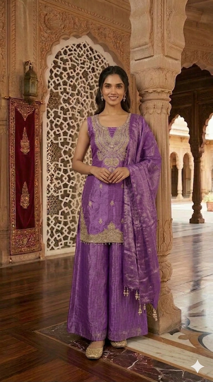 Embroidered Hand-Touched Straight Suit with Palazzo & Dupatta