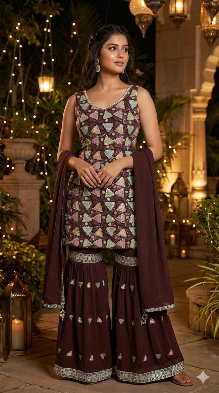 Multi Embroidered Straight Suit with Sharara & Dupatta