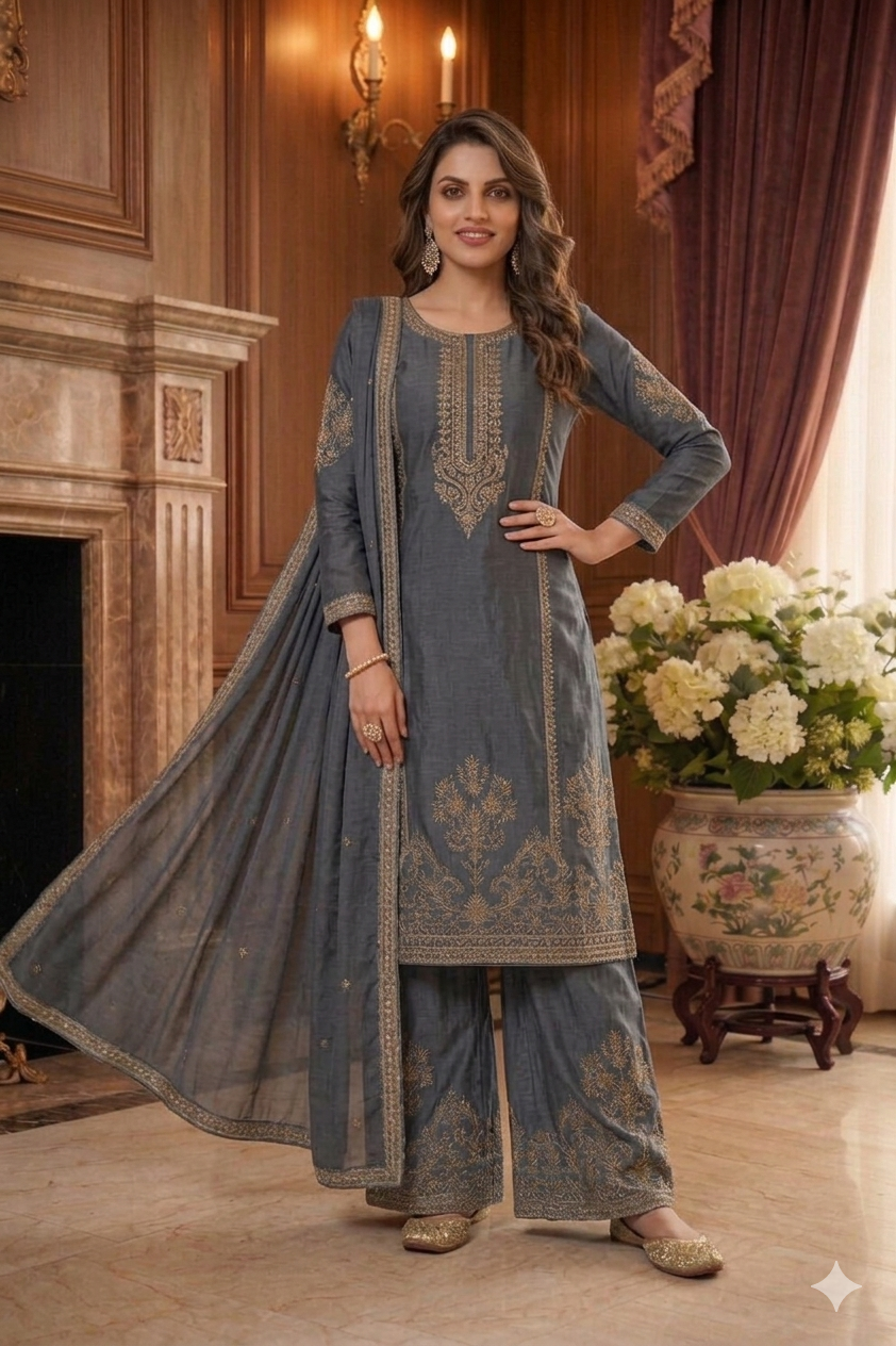 Beats Embroidered Straight Suit with Palazzo & Dupatta