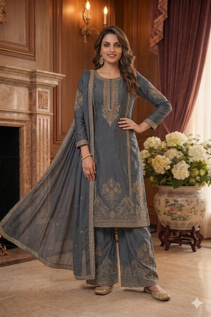 Beats Embroidered Straight Suit with Palazzo & Dupatta