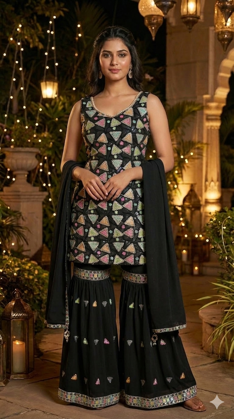 Multi Embroidered Straight Suit with Sharara & Dupatta