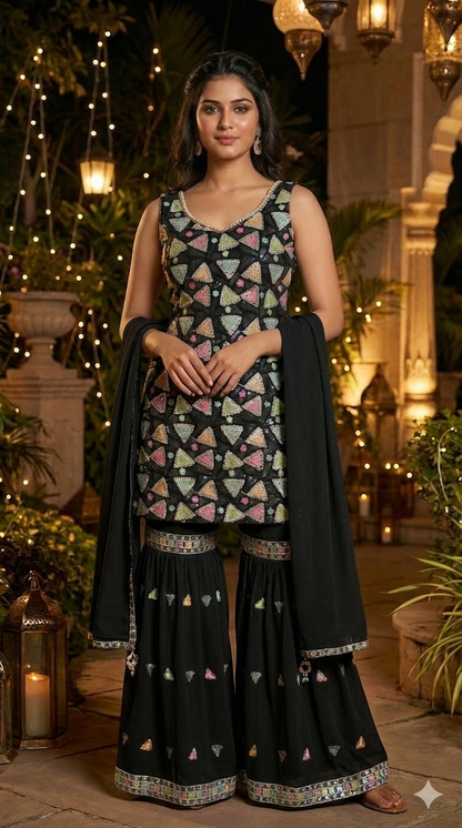 Multi Embroidered Straight Suit with Sharara & Dupatta