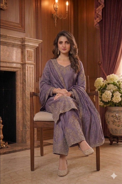 Beats Embroidered Straight Suit with Palazzo & Dupatta