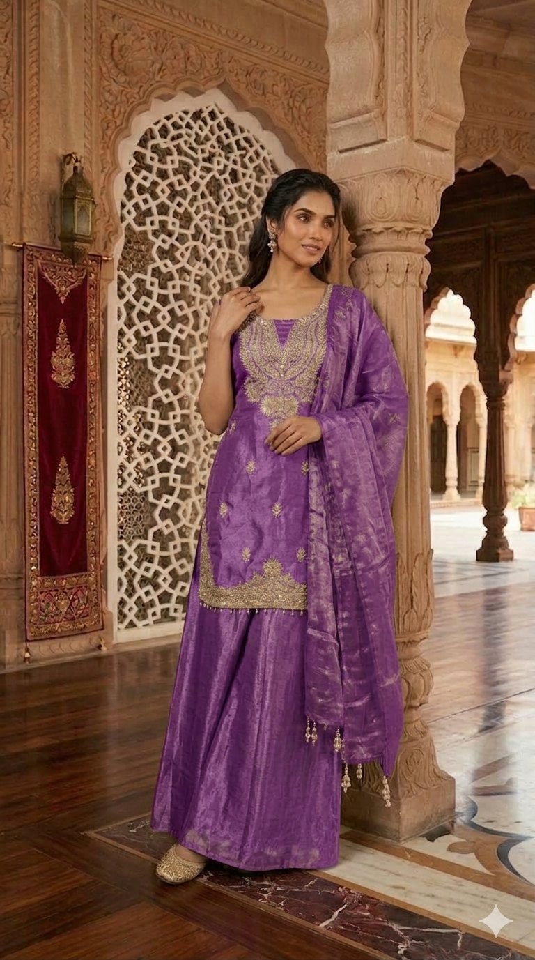 Embroidered Hand-Touched Straight Suit with Palazzo & Dupatta