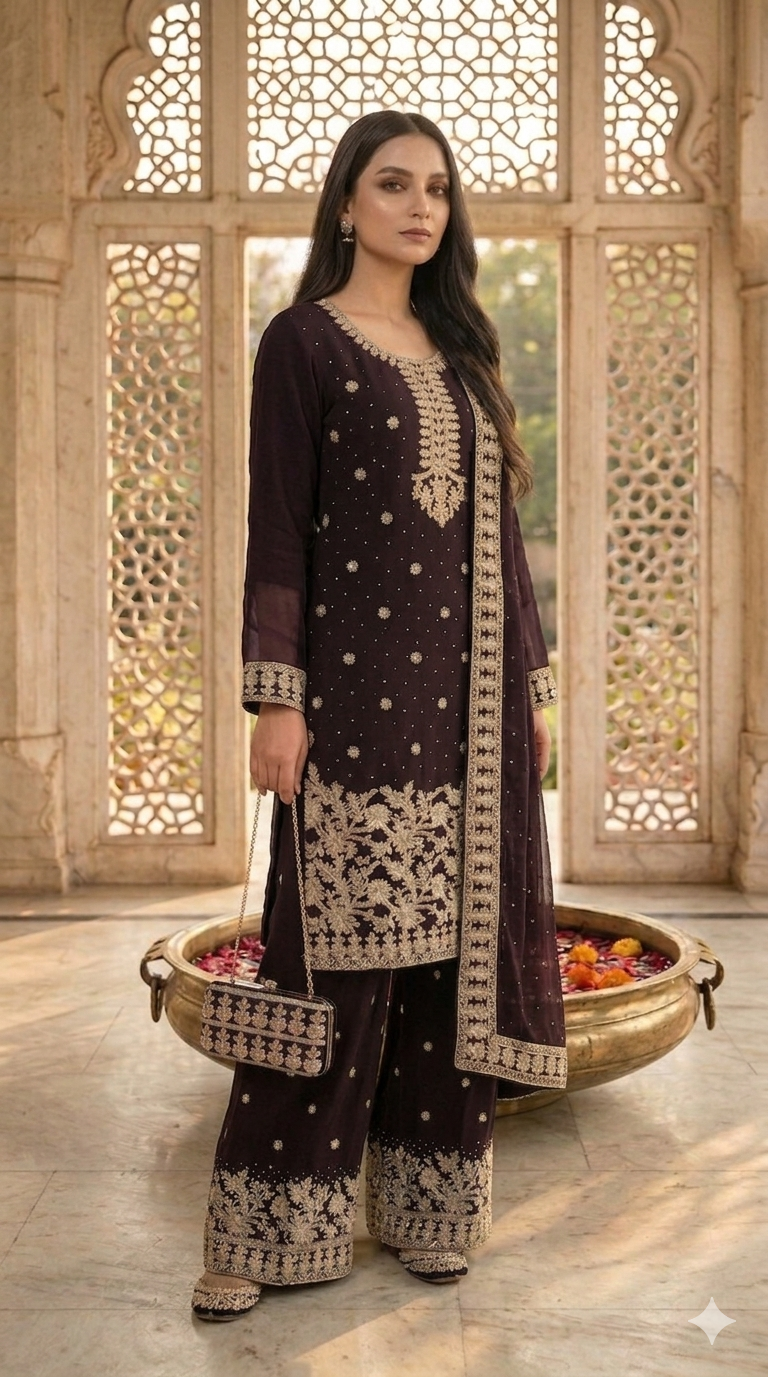 Embroidered Pakistani Suit with Hand Touch - Palazzo & Dupatta Set