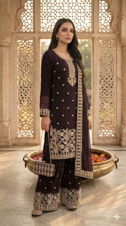 Embroidered Pakistani Suit with Hand Touch - Palazzo & Dupatta Set