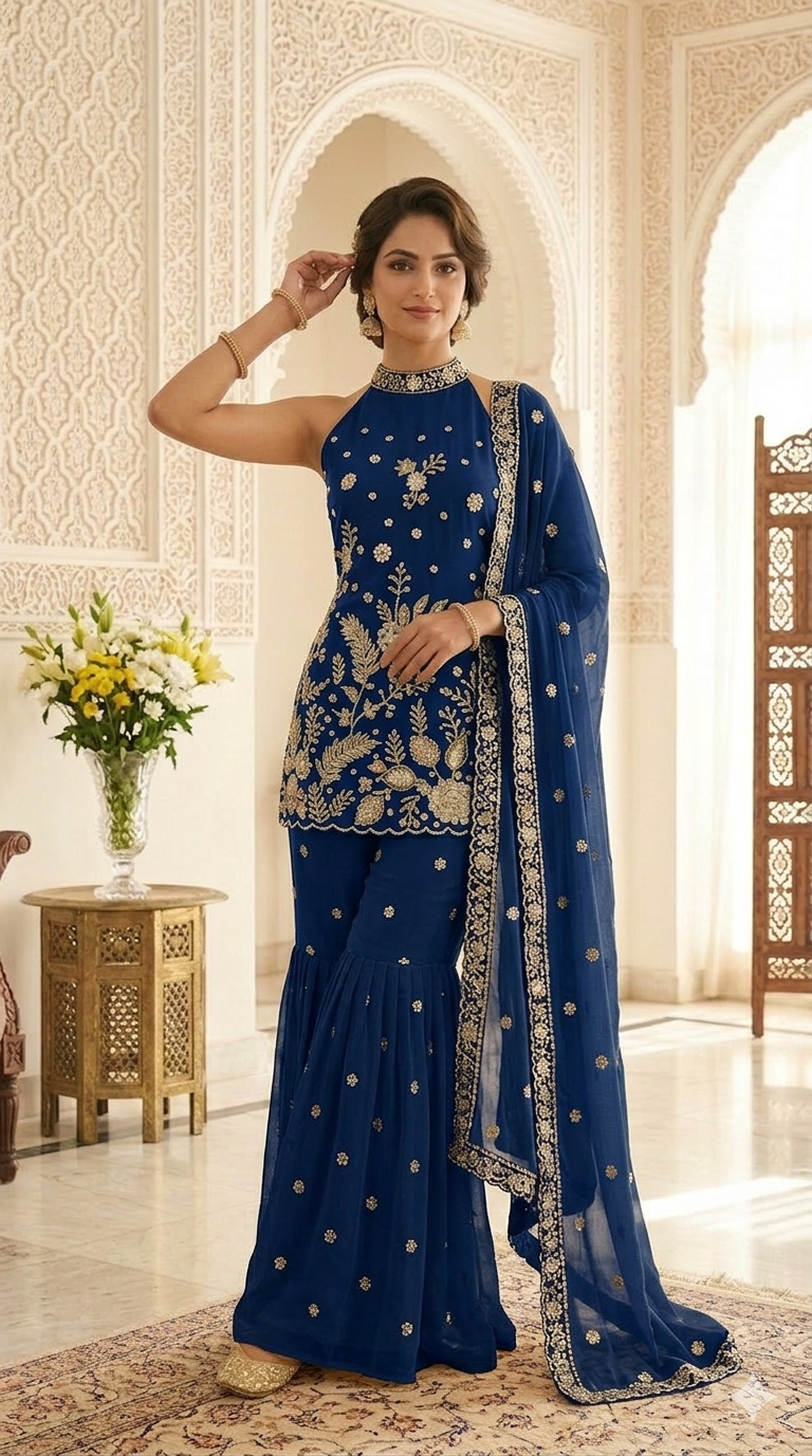 Premium High Neck Embroidered Straight Suit Set with Sharara & Dupatta