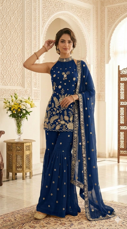 Premium High Neck Embroidered Straight Suit Set with Sharara & Dupatta