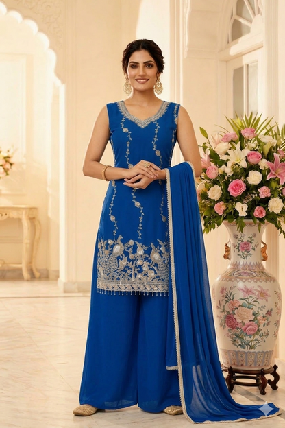 Beads Work Straight Suit with Palazzo & Dupatta