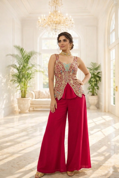 Short Indo Embroidered Top with Palazzo Set
