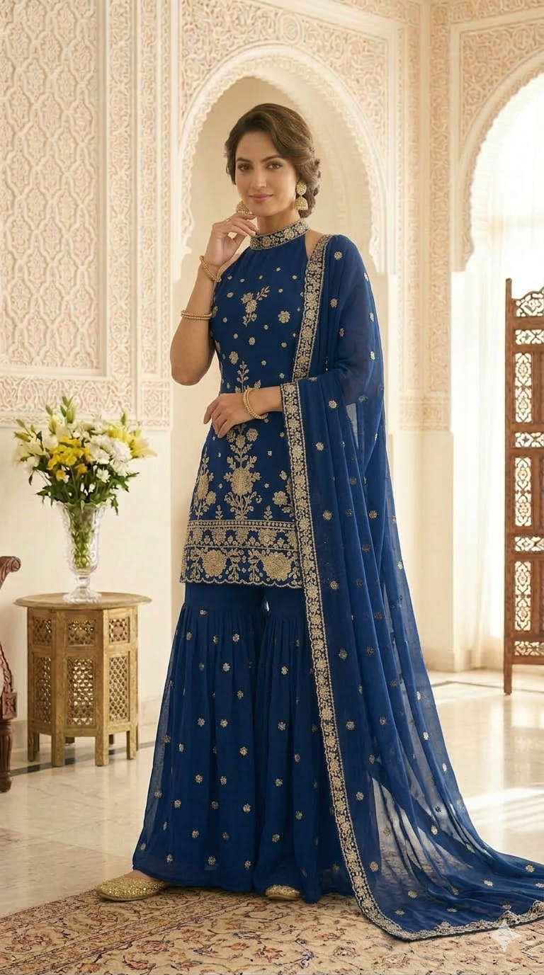 Premium High Neck Embroidered Straight Suit Set with Sharara & Dupatta