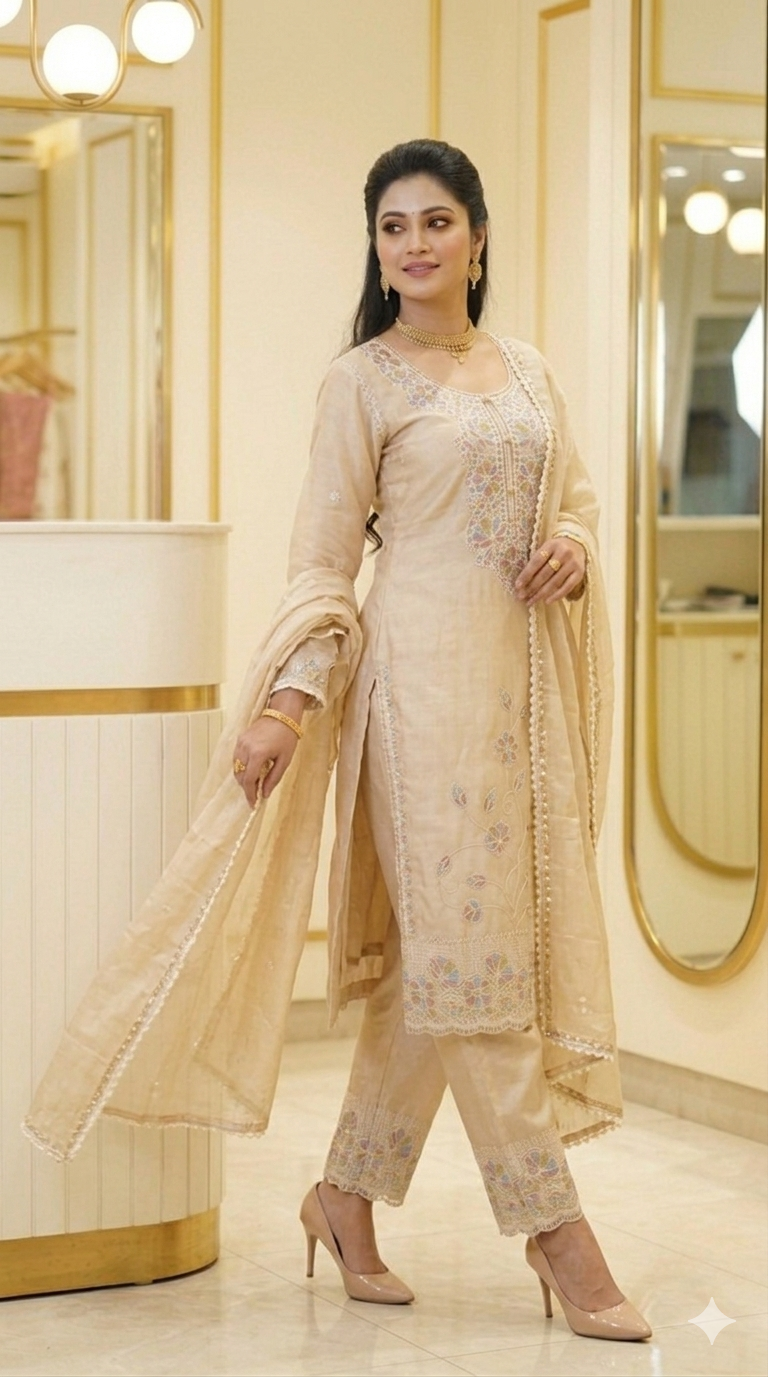 Beads Embroidered Straight Suit with Pant and Dupatta