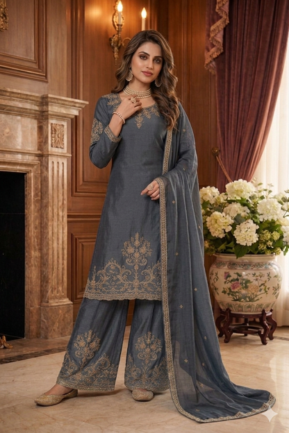 Beats Embroidered Straight Suit with Palazzo & Dupatta