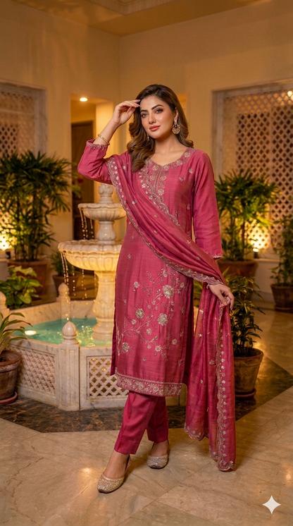 Beads Embroidered Straight Suit with Pant and Dupatta