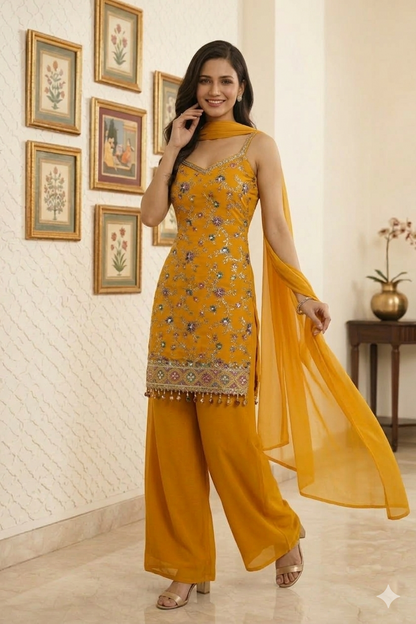 Beautiful Embroidered Straight Suit Set with Palazzo & Dupatta