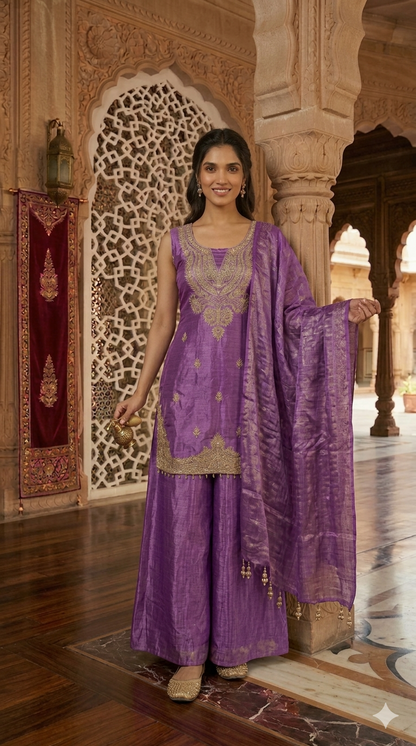 Embroidered Hand-Touched Straight Suit with Palazzo & Dupatta