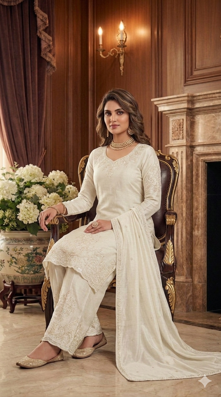 Beats Embroidered Straight Suit with Palazzo & Dupatta