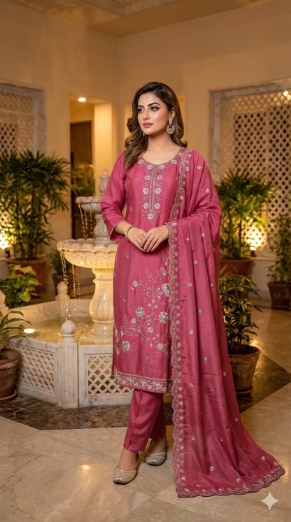 Beads Embroidered Straight Suit with Pant and Dupatta