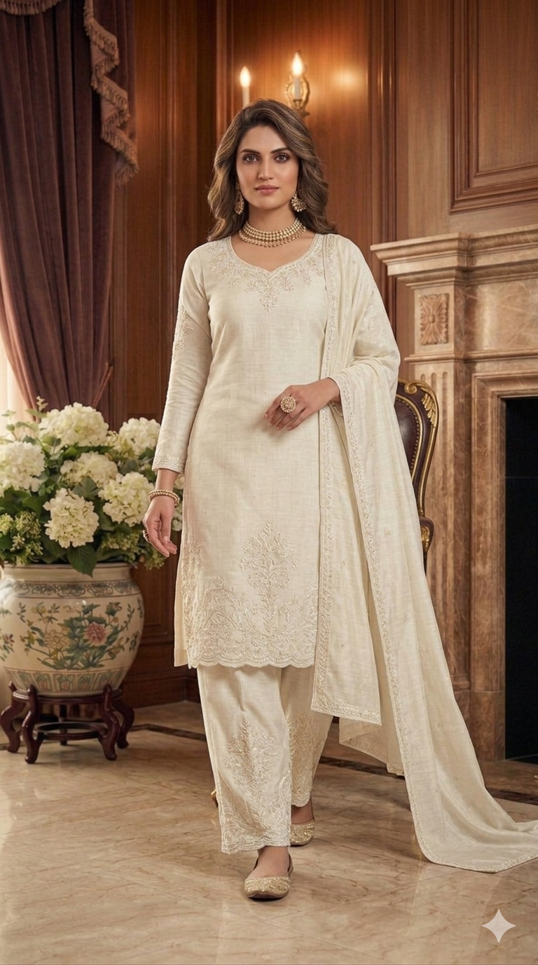 Beats Embroidered Straight Suit with Palazzo & Dupatta