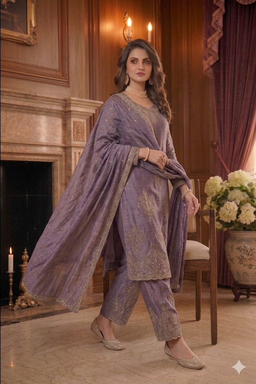 Beats Embroidered Straight Suit with Palazzo & Dupatta