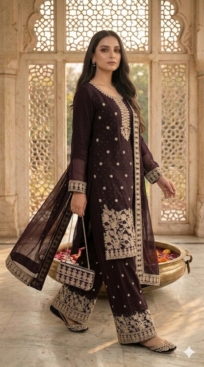 Embroidered Pakistani Suit with Hand Touch - Palazzo & Dupatta Set