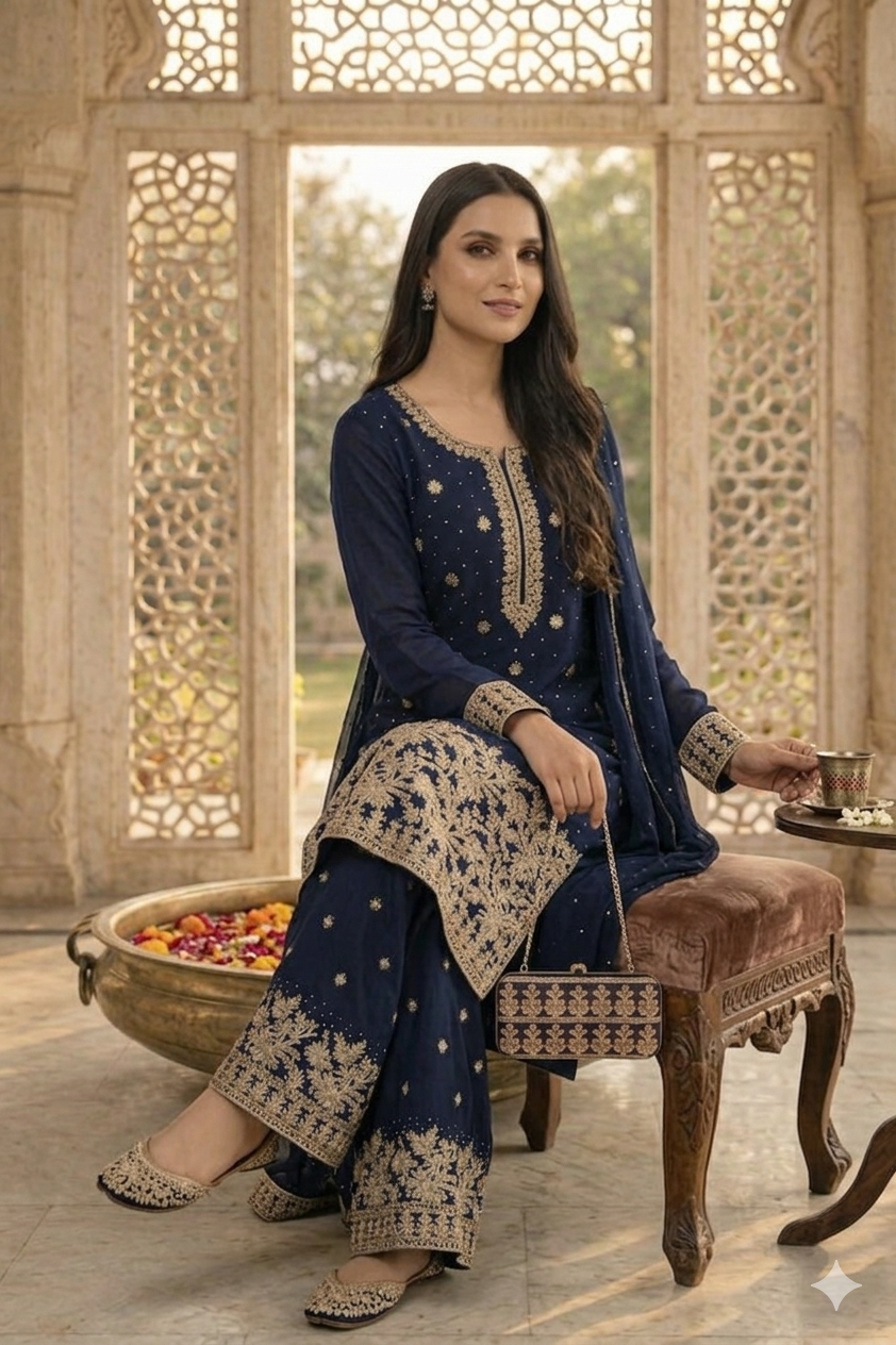 Embroidered Pakistani Suit with Hand Touch - Palazzo & Dupatta Set