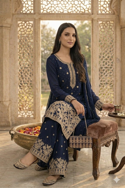 Embroidered Pakistani Suit with Hand Touch - Palazzo & Dupatta Set