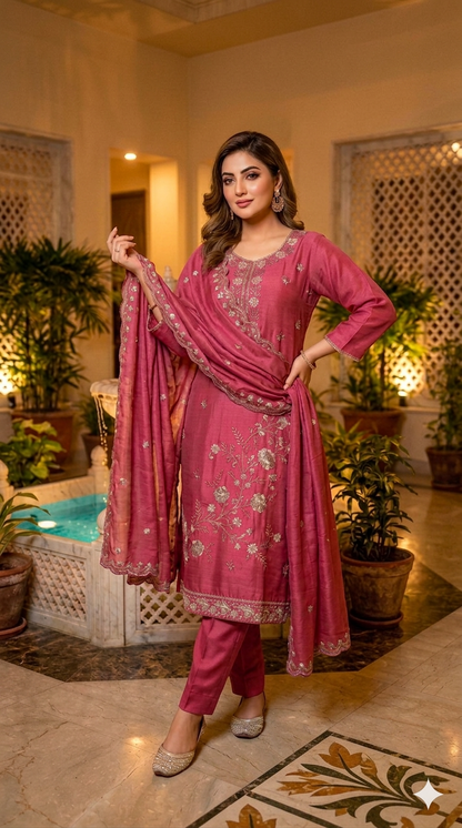 Beads Embroidered Straight Suit with Pant and Dupatta