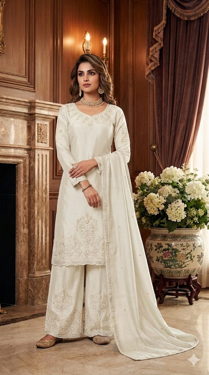 Beats Embroidered Straight Suit with Palazzo & Dupatta
