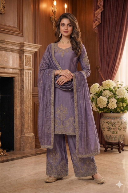 Beats Embroidered Straight Suit with Palazzo & Dupatta