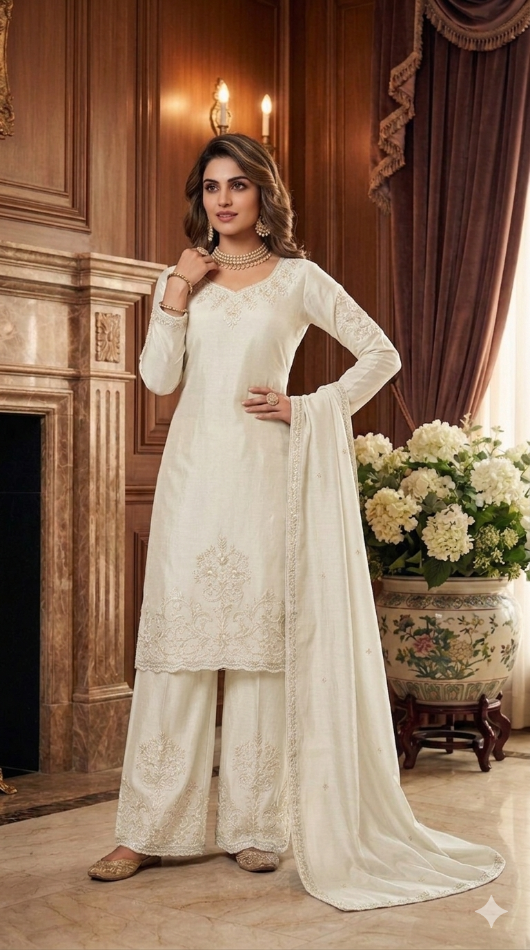 Beats Embroidered Straight Suit with Palazzo & Dupatta
