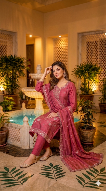Beads Embroidered Straight Suit with Pant and Dupatta