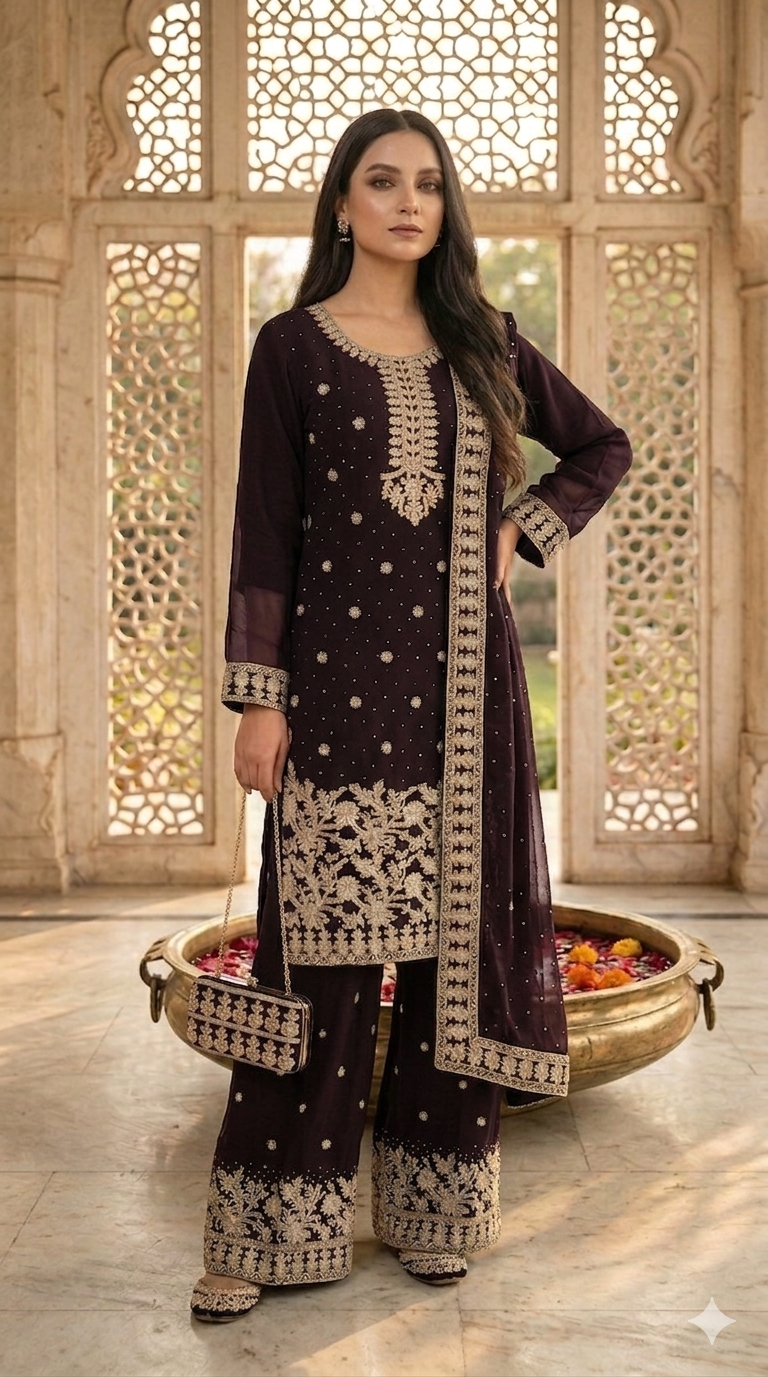 Embroidered Pakistani Suit with Hand Touch - Palazzo & Dupatta Set