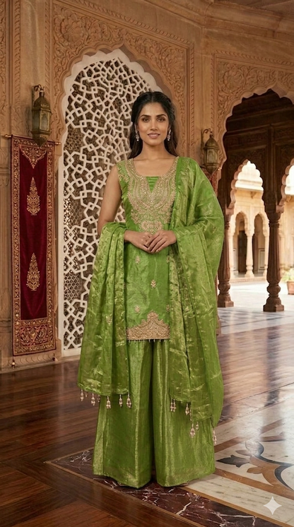 Embroidered Hand-Touched Straight Suit with Palazzo & Dupatta