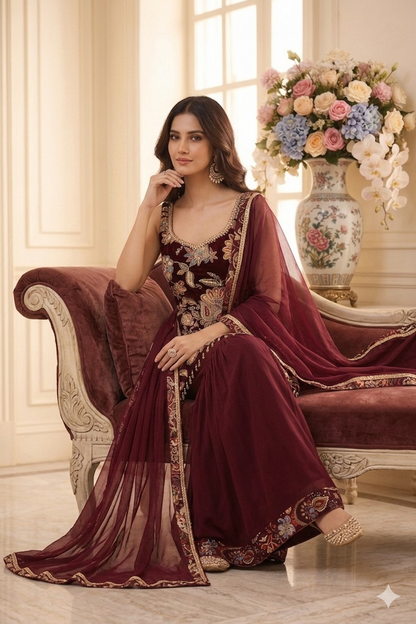 Luxury Floral Embroidered Straight Suit Set with Sharara & Dupatta