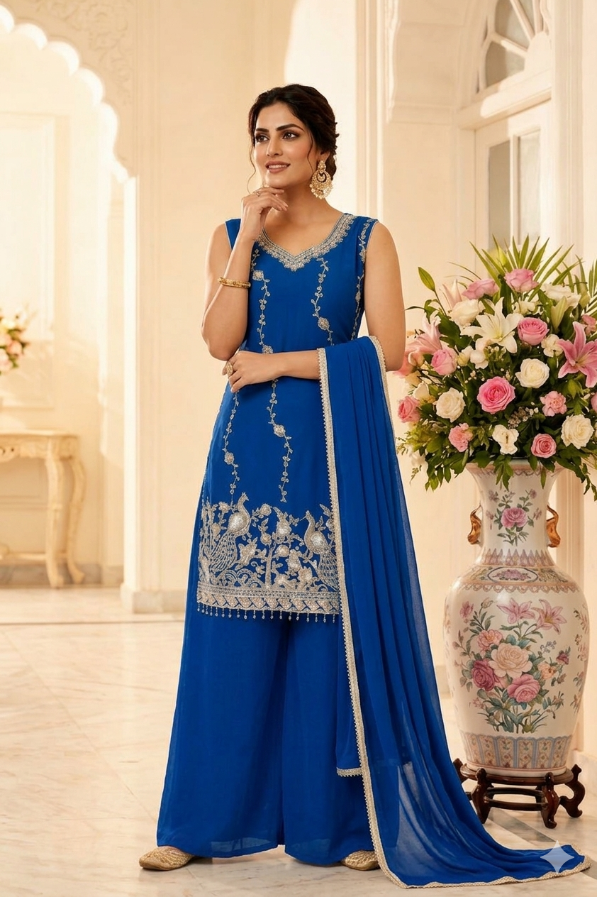 Beads Work Straight Suit with Palazzo & Dupatta